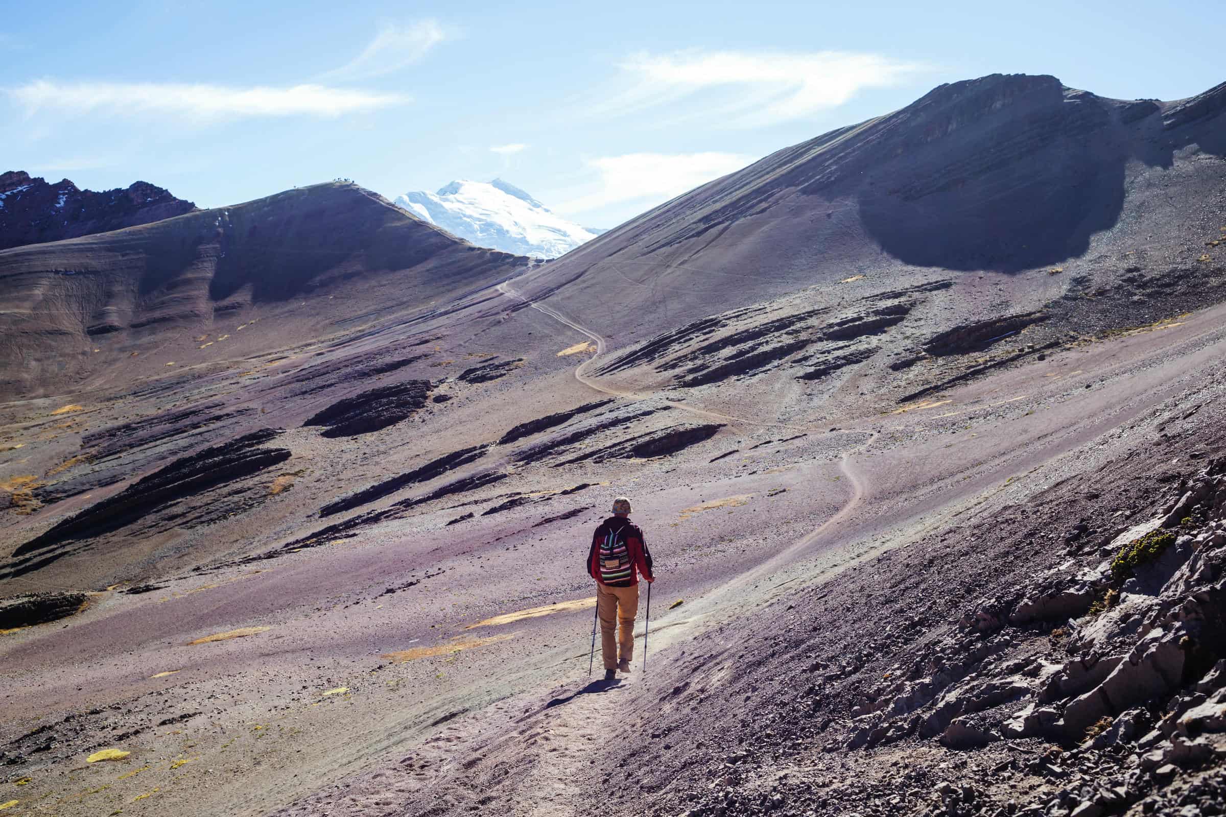 Hiking scene in Vinicunca, Cusco Region, Peru. Montana de Siete Colores,  Rainbow Mountain.