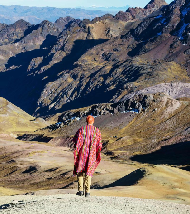 Hiking scene in Vinicunca, Cusco Region, Peru. Montana de Siete Colores,  Rainbow Mountain.